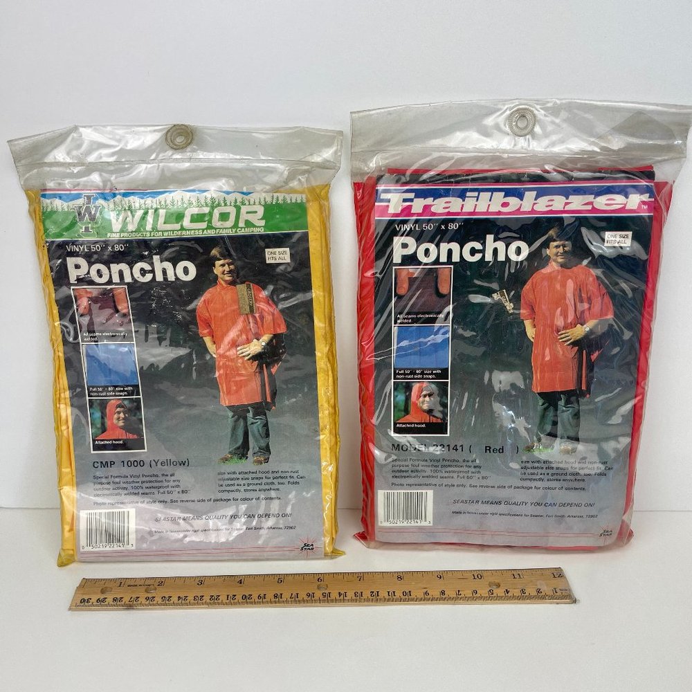 Vtg 2 Vinyl Ponchos Red Yellow in Orig Packaging Prop Trailblazer Wilcor Adult‎